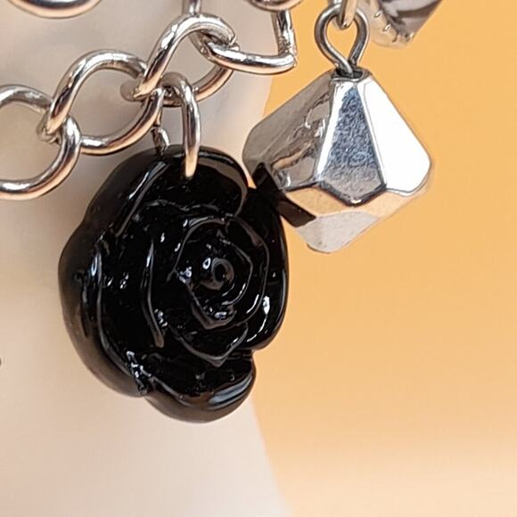 Silver Tone Charm Bracelet, Roses Zebra Heart Black Bead Rhinestone Toggle Clasp - Picture 5 of 10